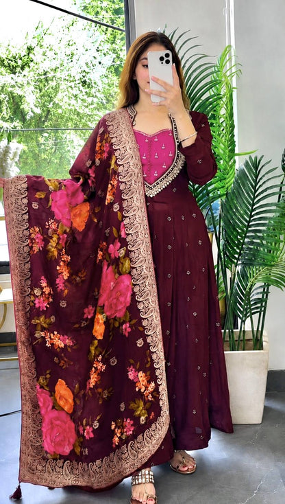 Wine Sequin Anarkali Gown Set
