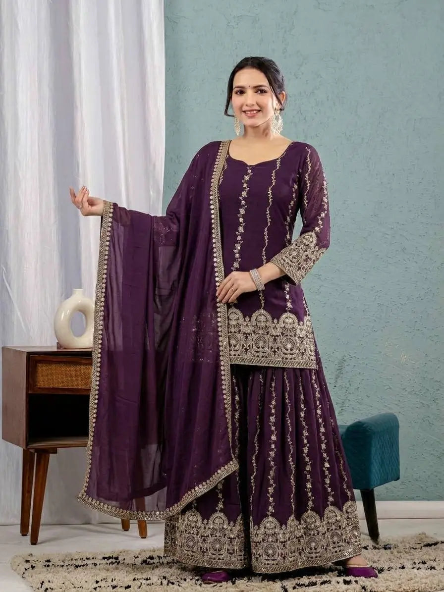 Wine Sequin Sharara Set