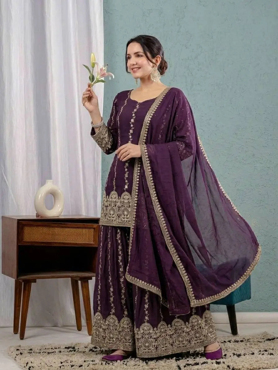 Wine Sequin Sharara Set