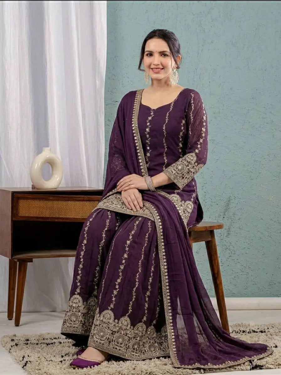 Wine Sequin Sharara Set