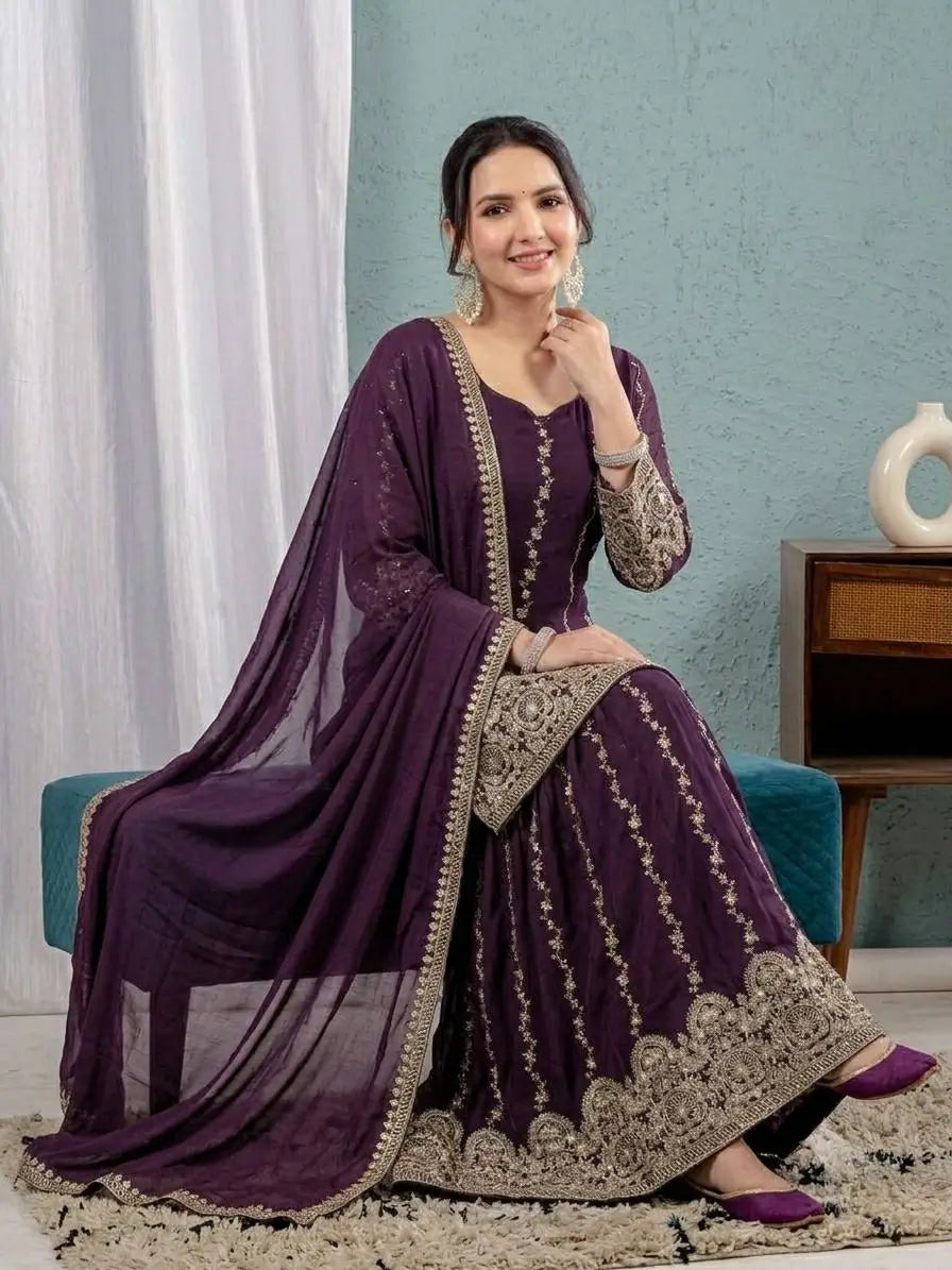 Wine Sequin Sharara Set