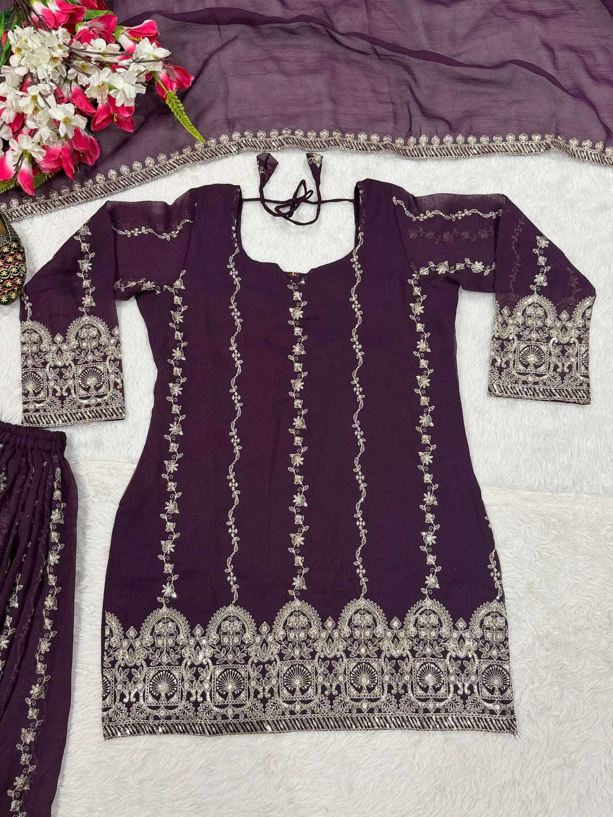 Wine Sequin Sharara Set
