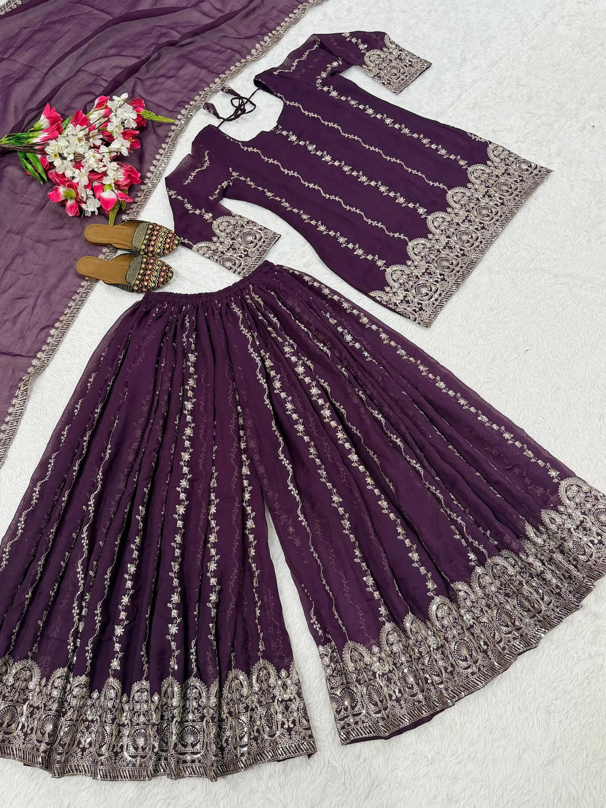 Wine Sequin Sharara Set