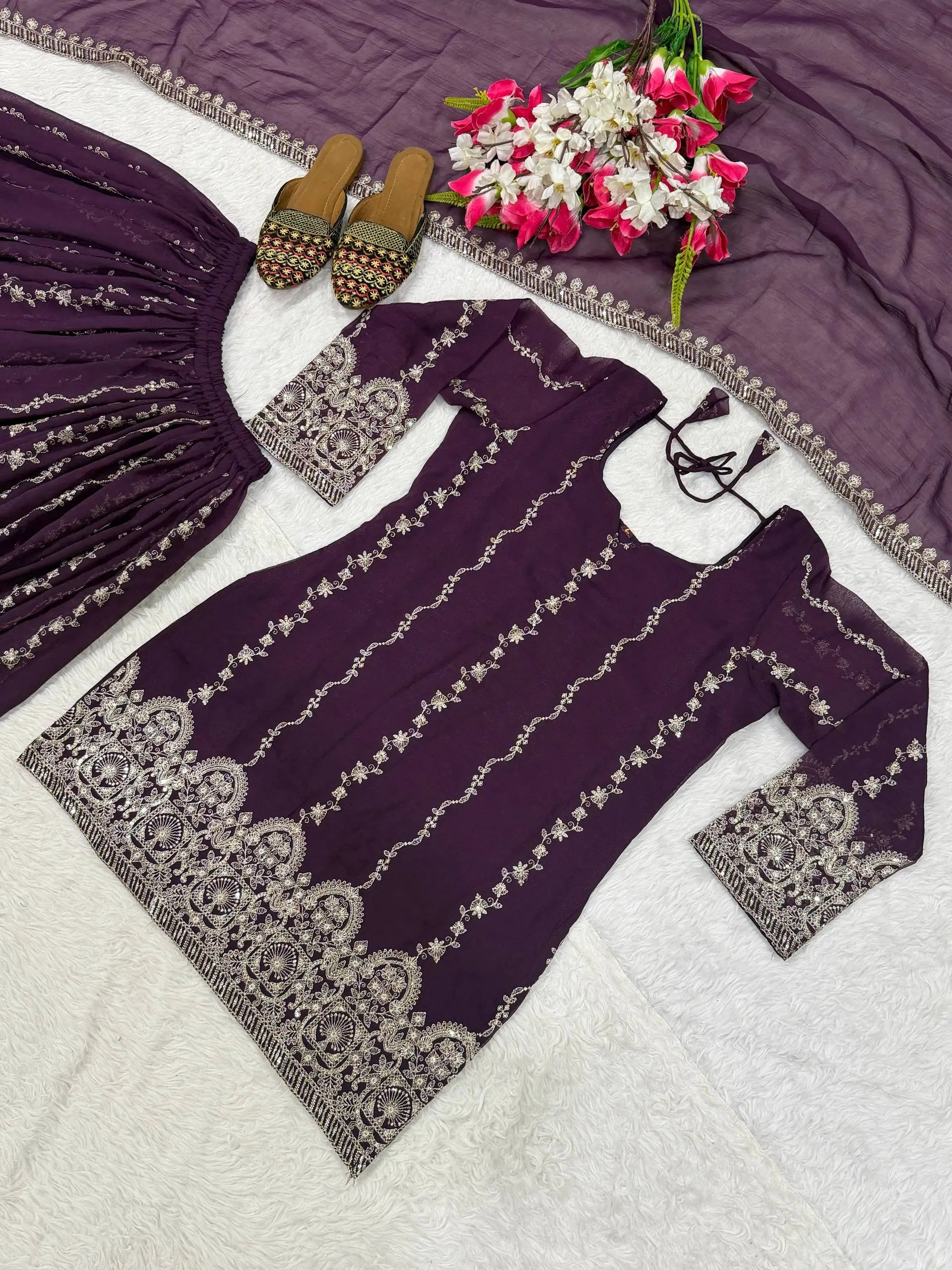 Wine Sequin Sharara Set