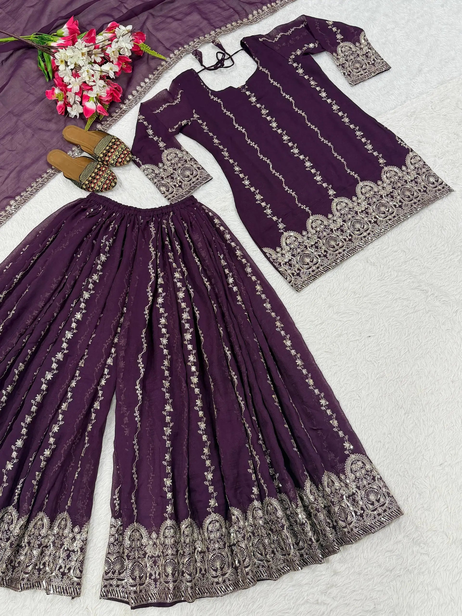 Wine Sequin Sharara Set