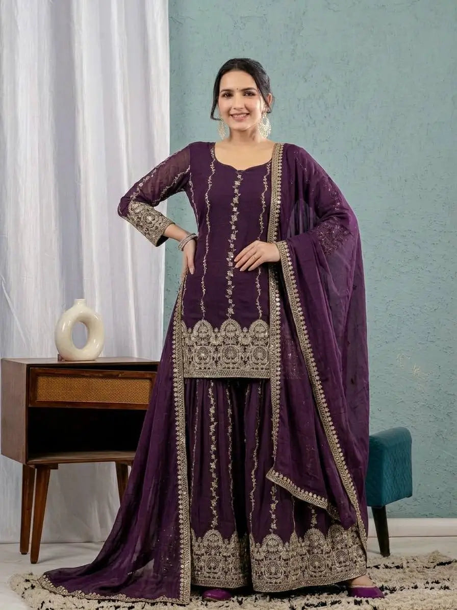 Wine Sequin Sharara Set