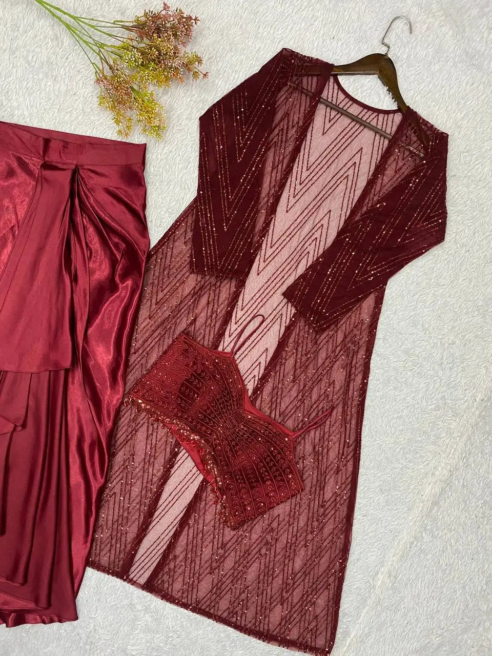 Wine Sequin Shrug Co-ord Set