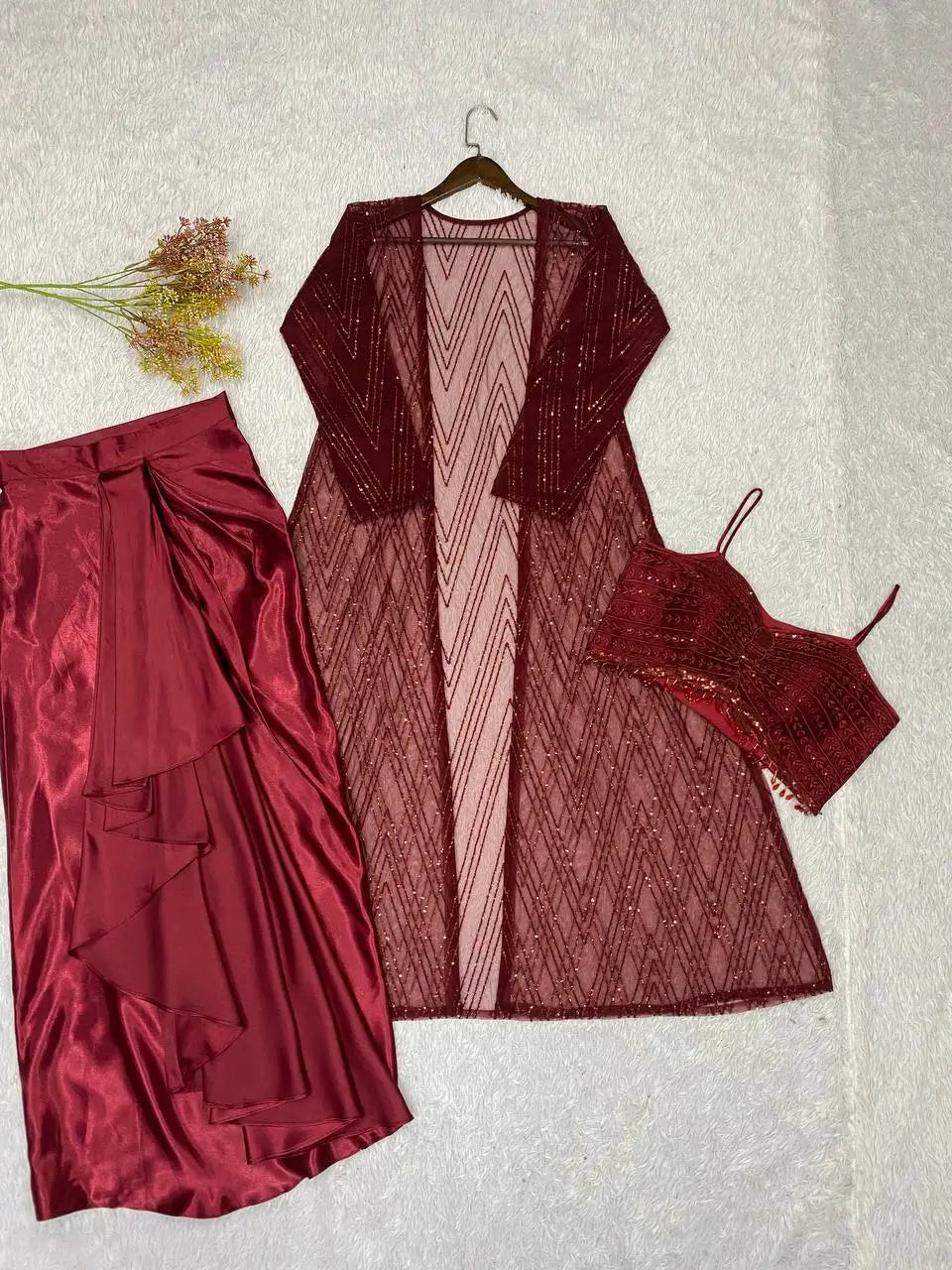 Wine Sequin Shrug Co-ord Set