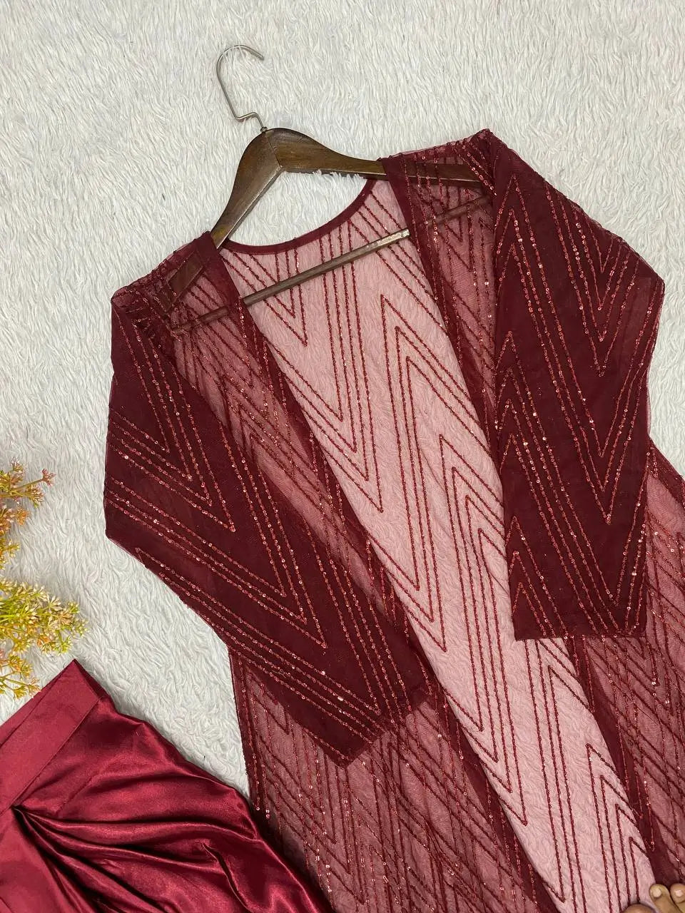 Wine Sequin Shrug Co-ord Set