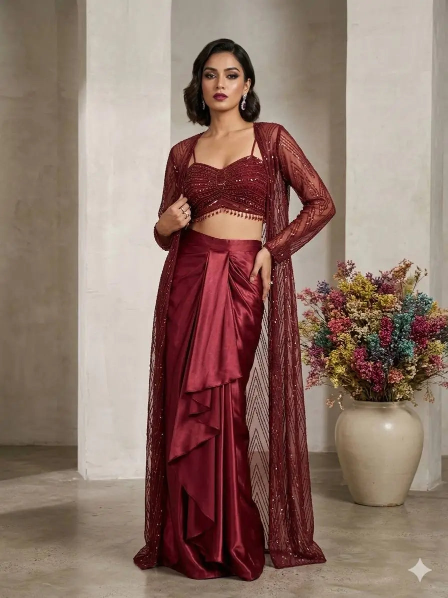 Wine Sequin Shrug Co-ord Set