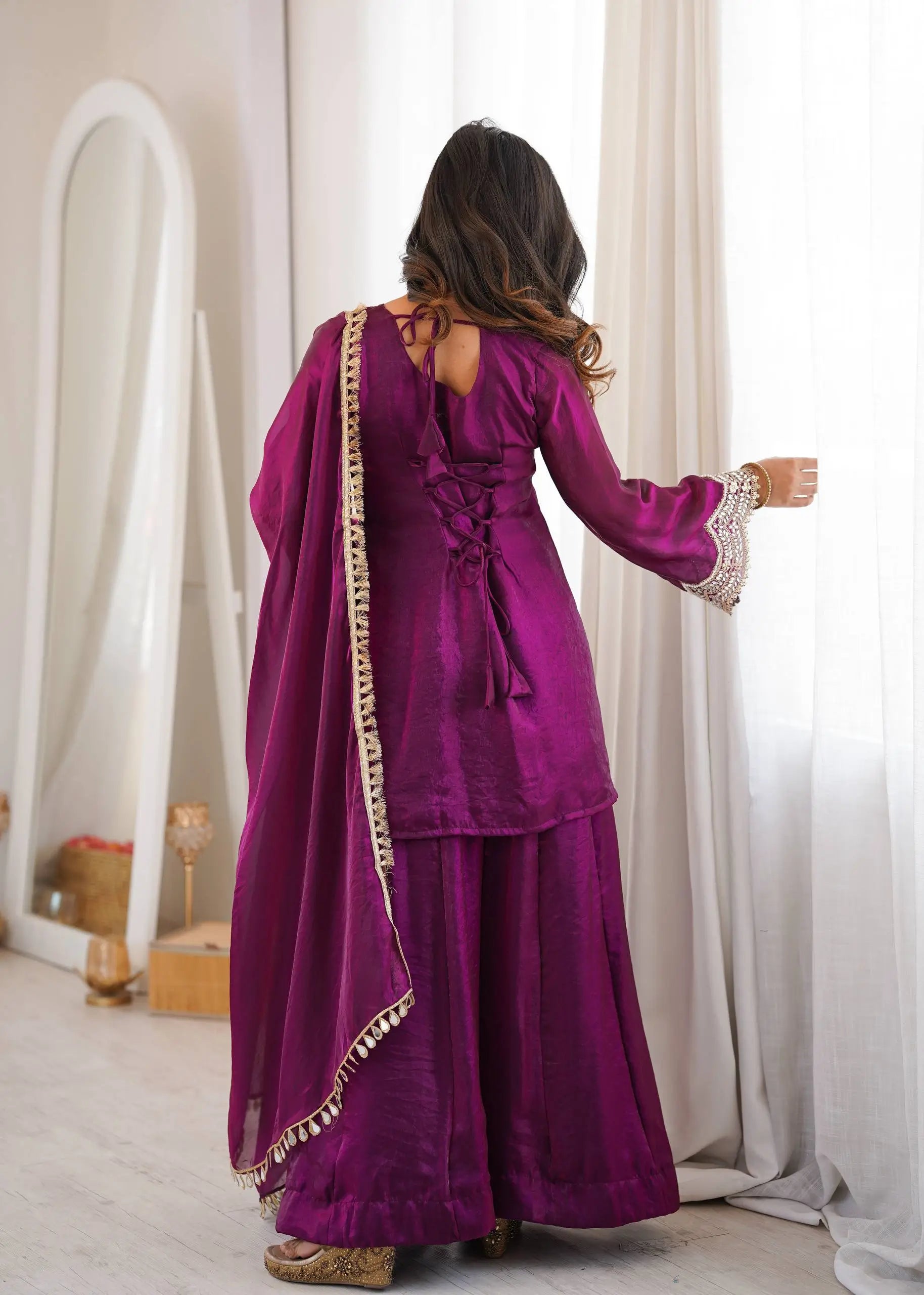 Wine Shimmer Silk Sharara Set with Mirror Work