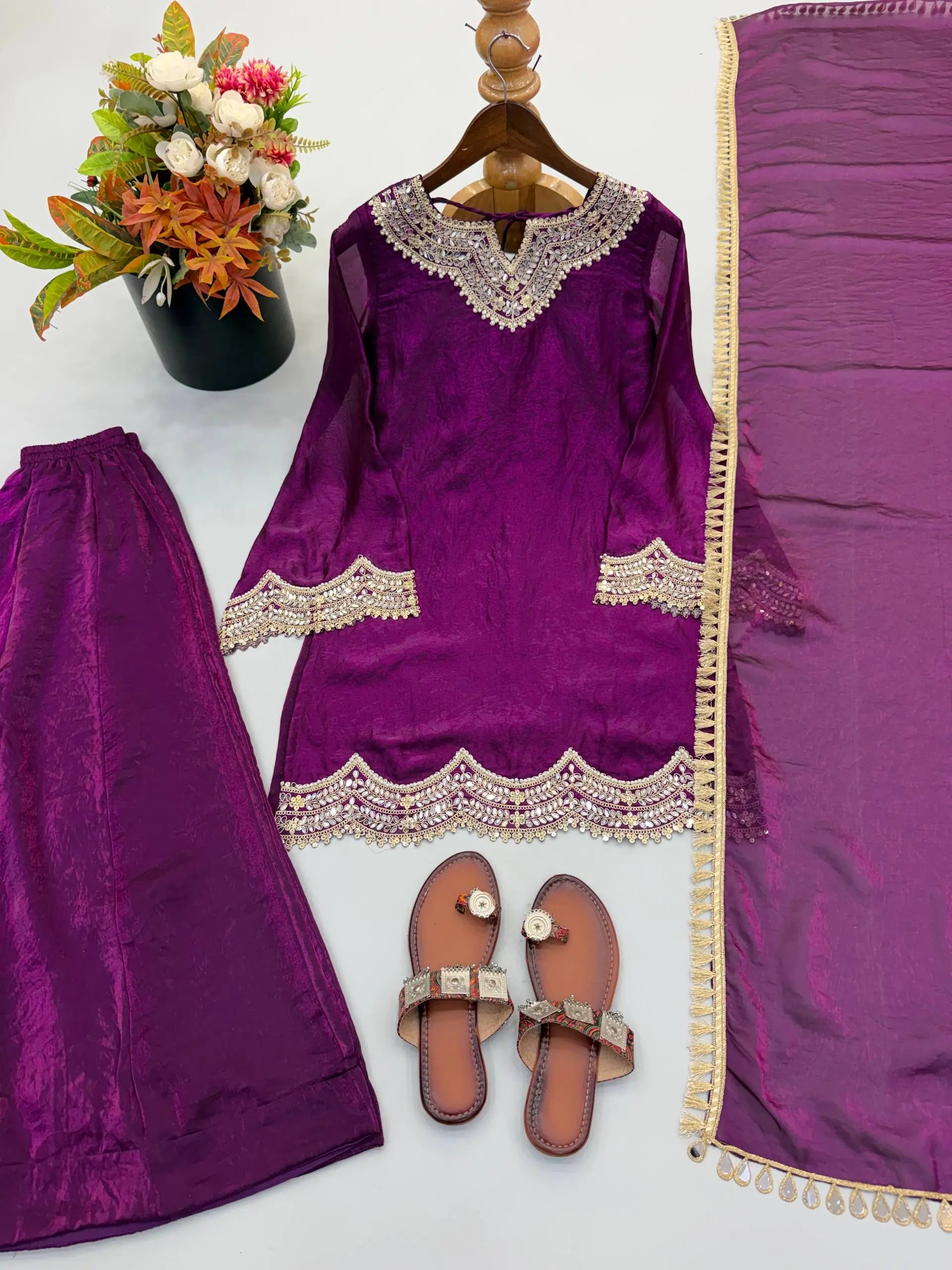 Wine Shimmer Silk Sharara Set with Mirror Work