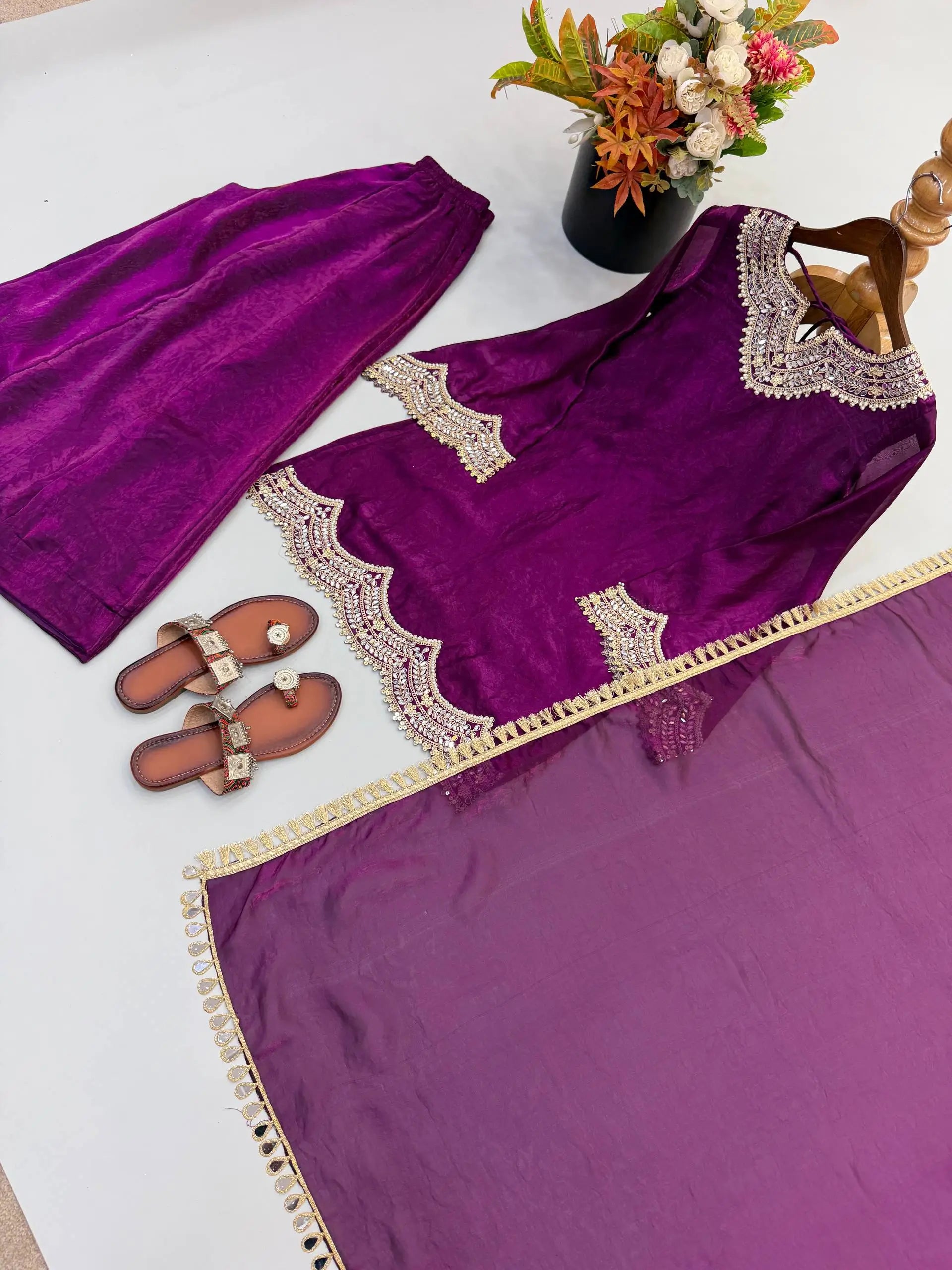 Wine Shimmer Silk Sharara Set with Mirror Work