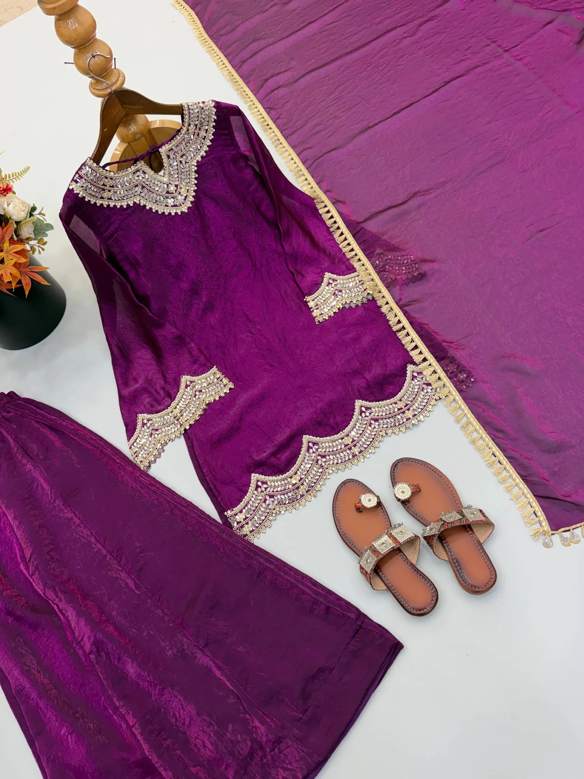 Wine Shimmer Silk Sharara Set with Mirror Work
