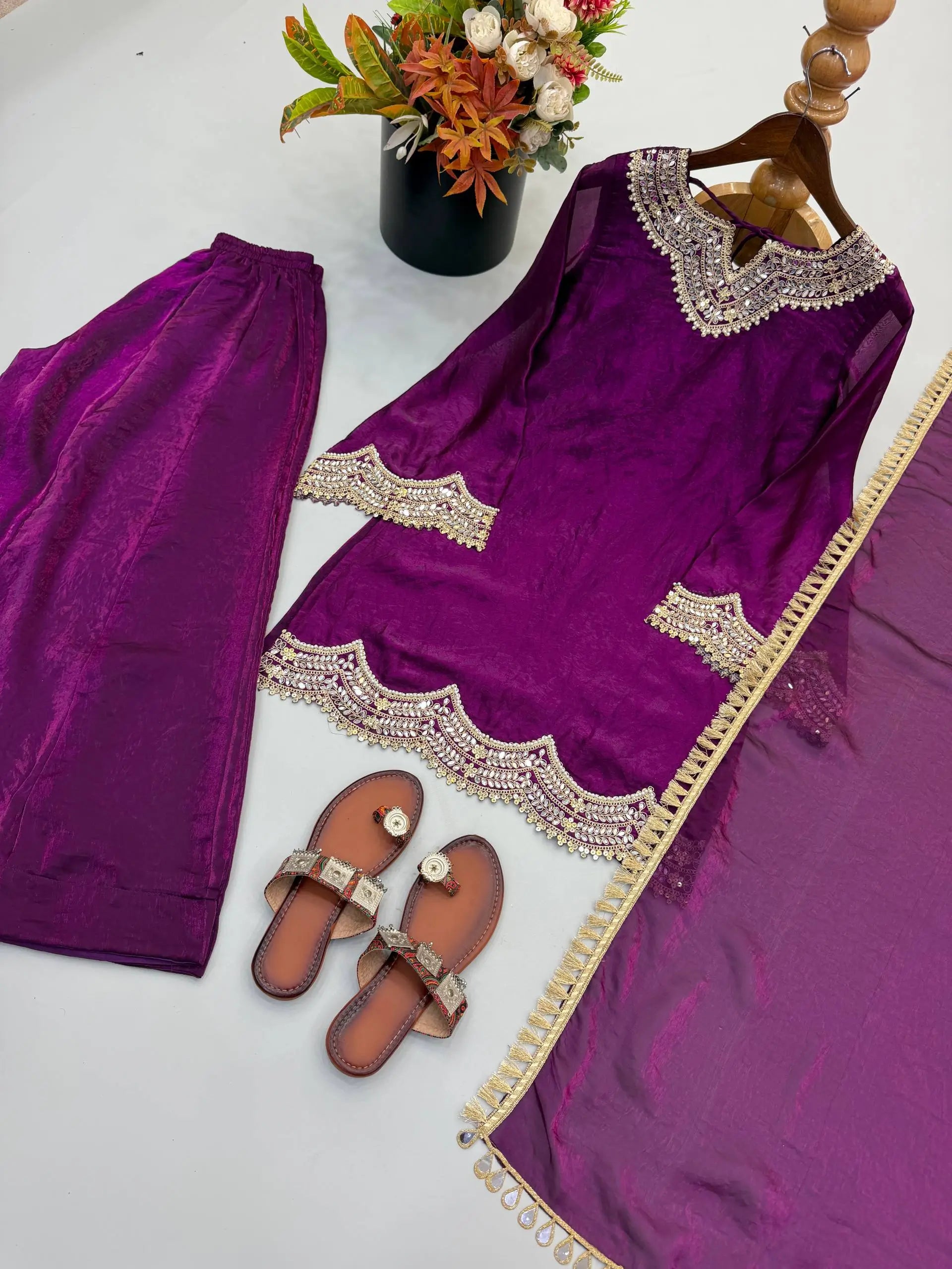 Wine Shimmer Silk Sharara Set with Mirror Work