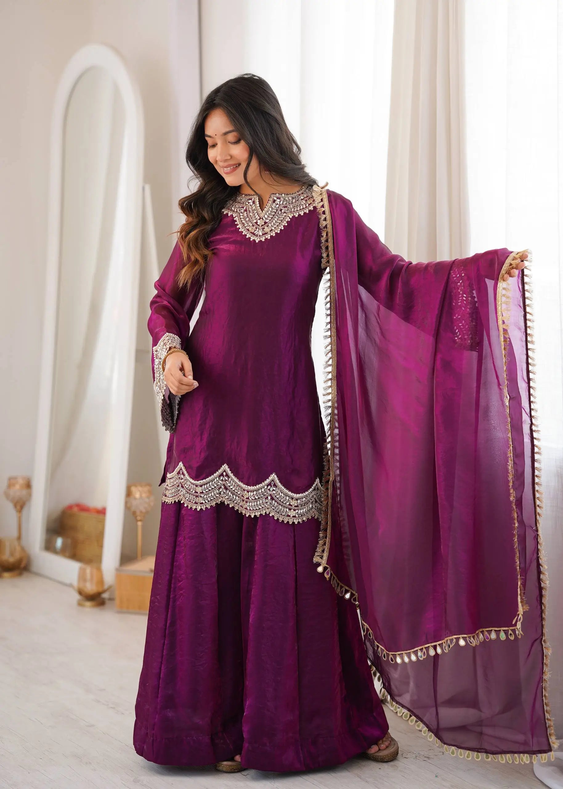 Wine Shimmer Silk Sharara Set with Mirror Work