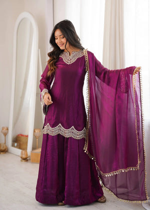 Wine Shimmer Silk Sharara Set with Mirror Work