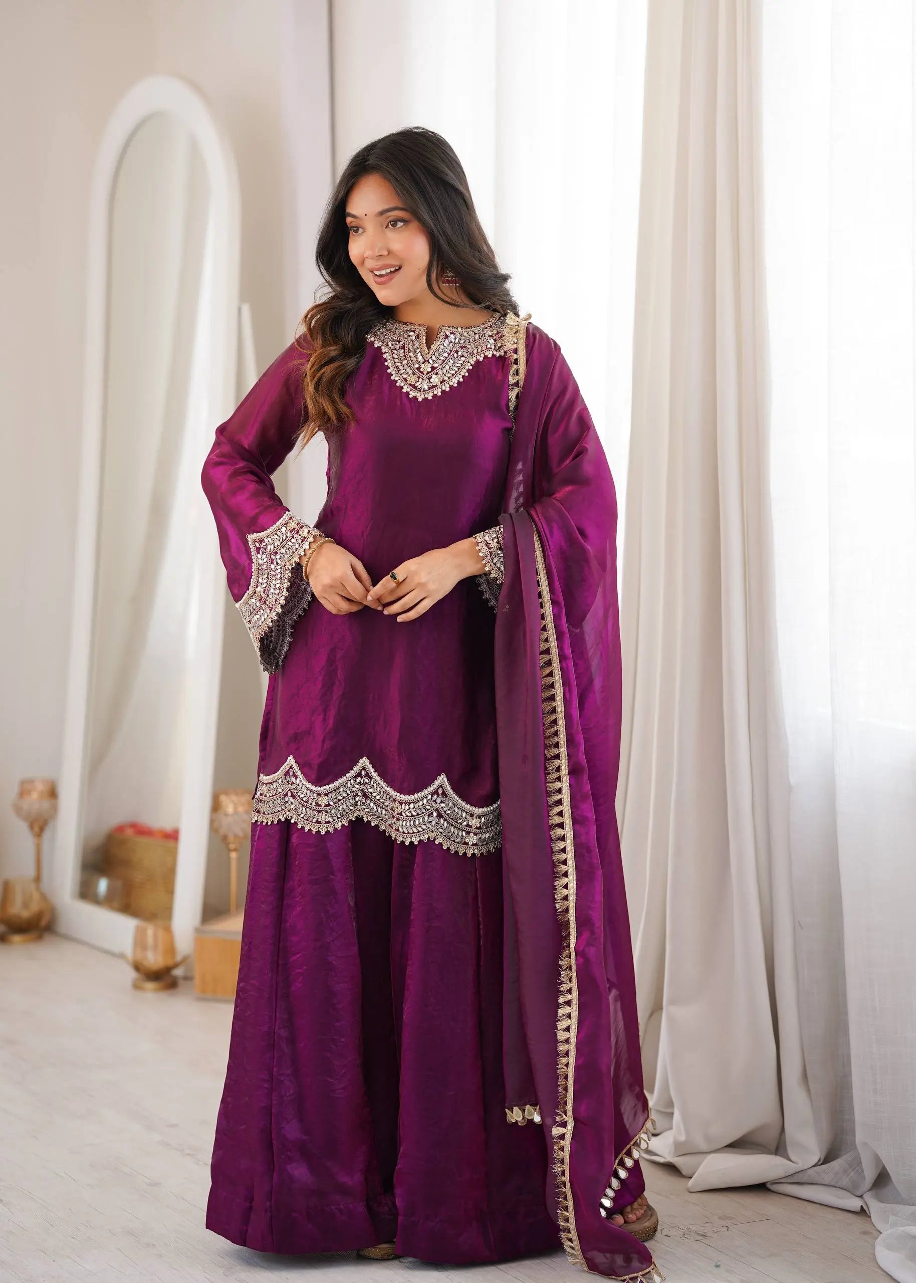 Wine Shimmer Silk Sharara Set with Mirror Work