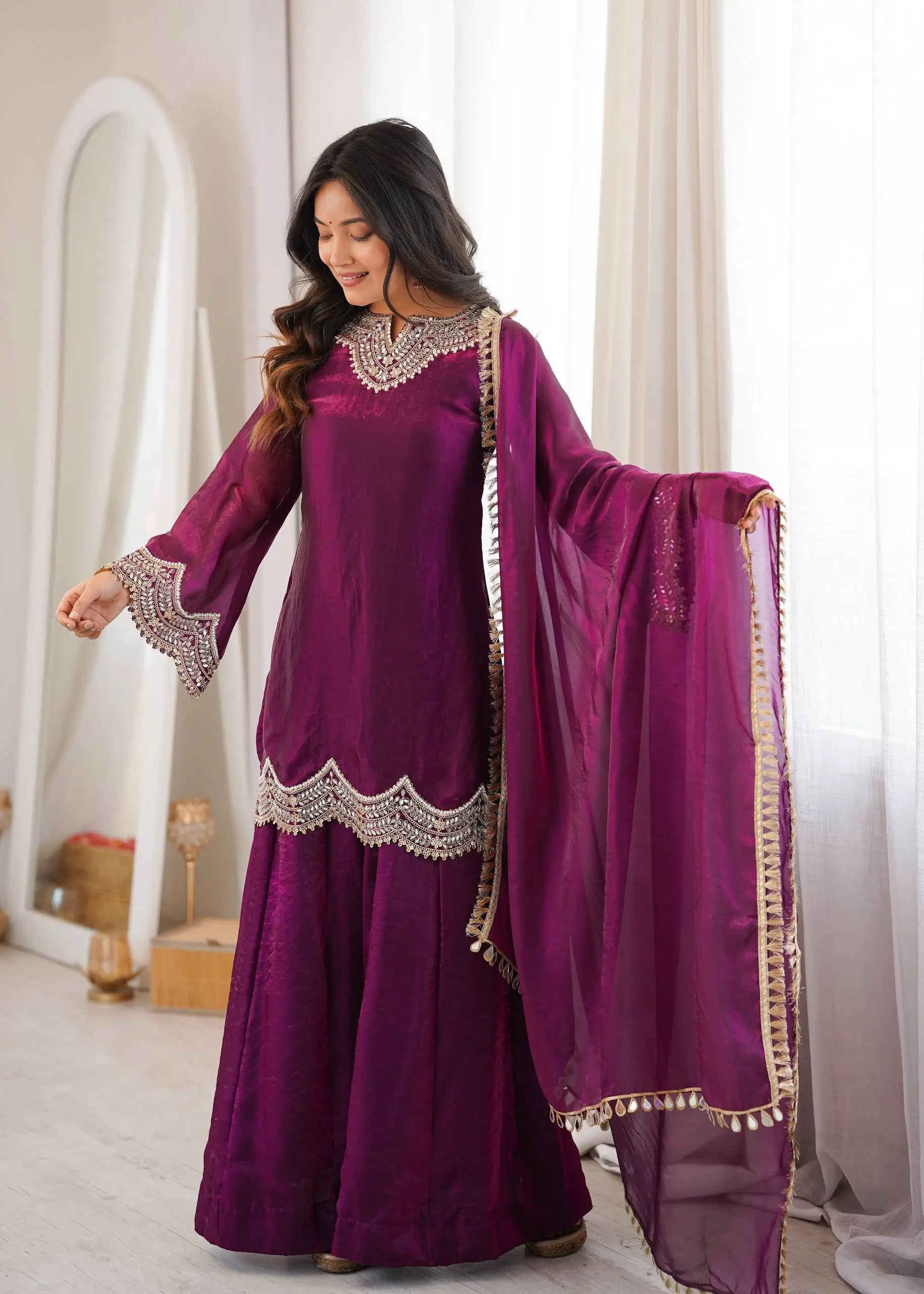 Wine Shimmer Silk Sharara Set with Mirror Work