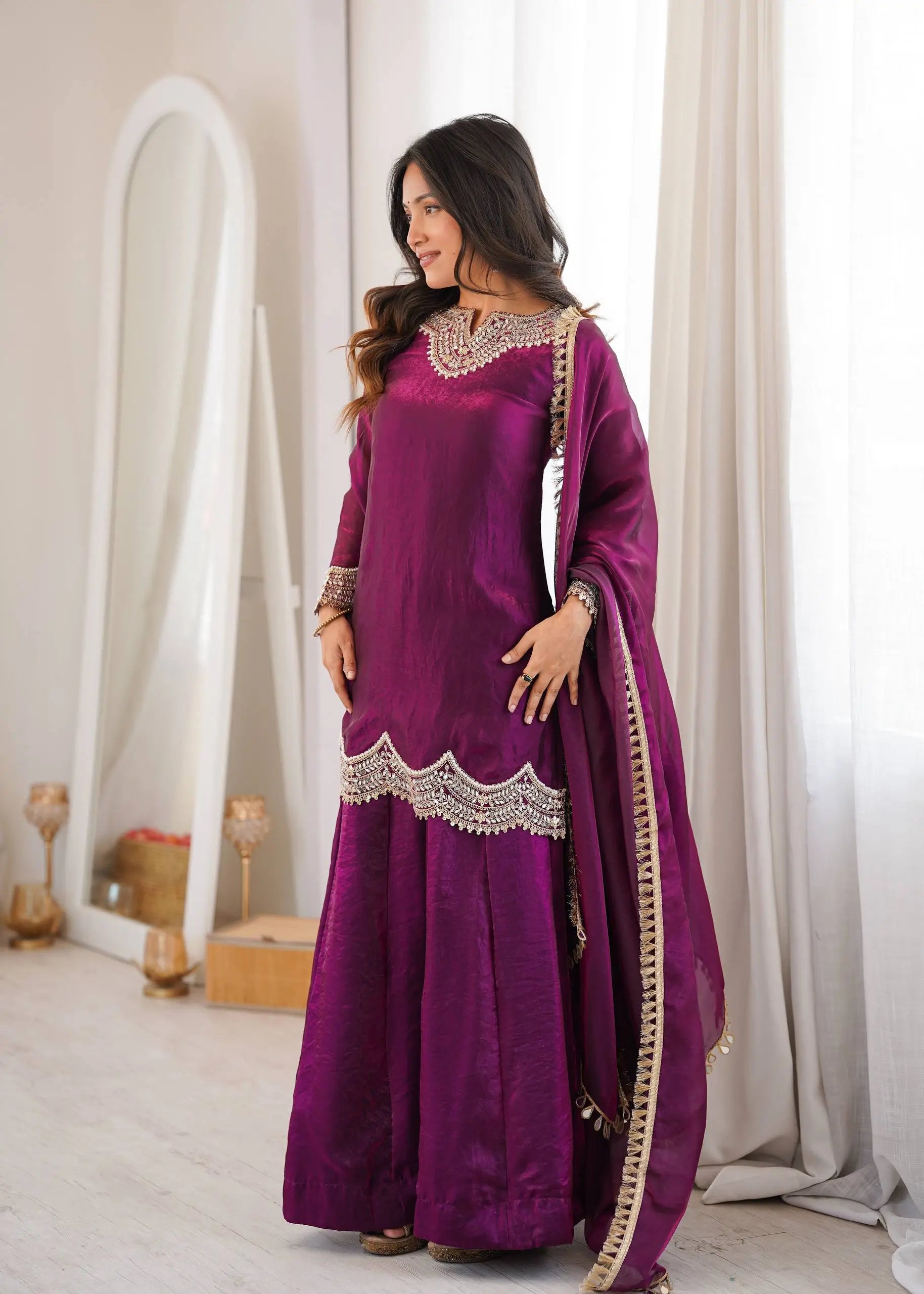 Wine Shimmer Silk Sharara Set with Mirror Work