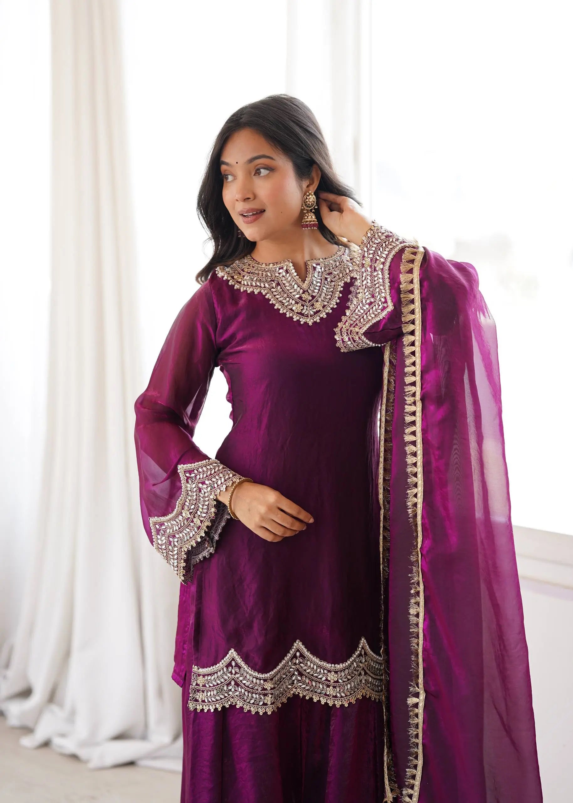 Wine Shimmer Silk Sharara Set with Mirror Work