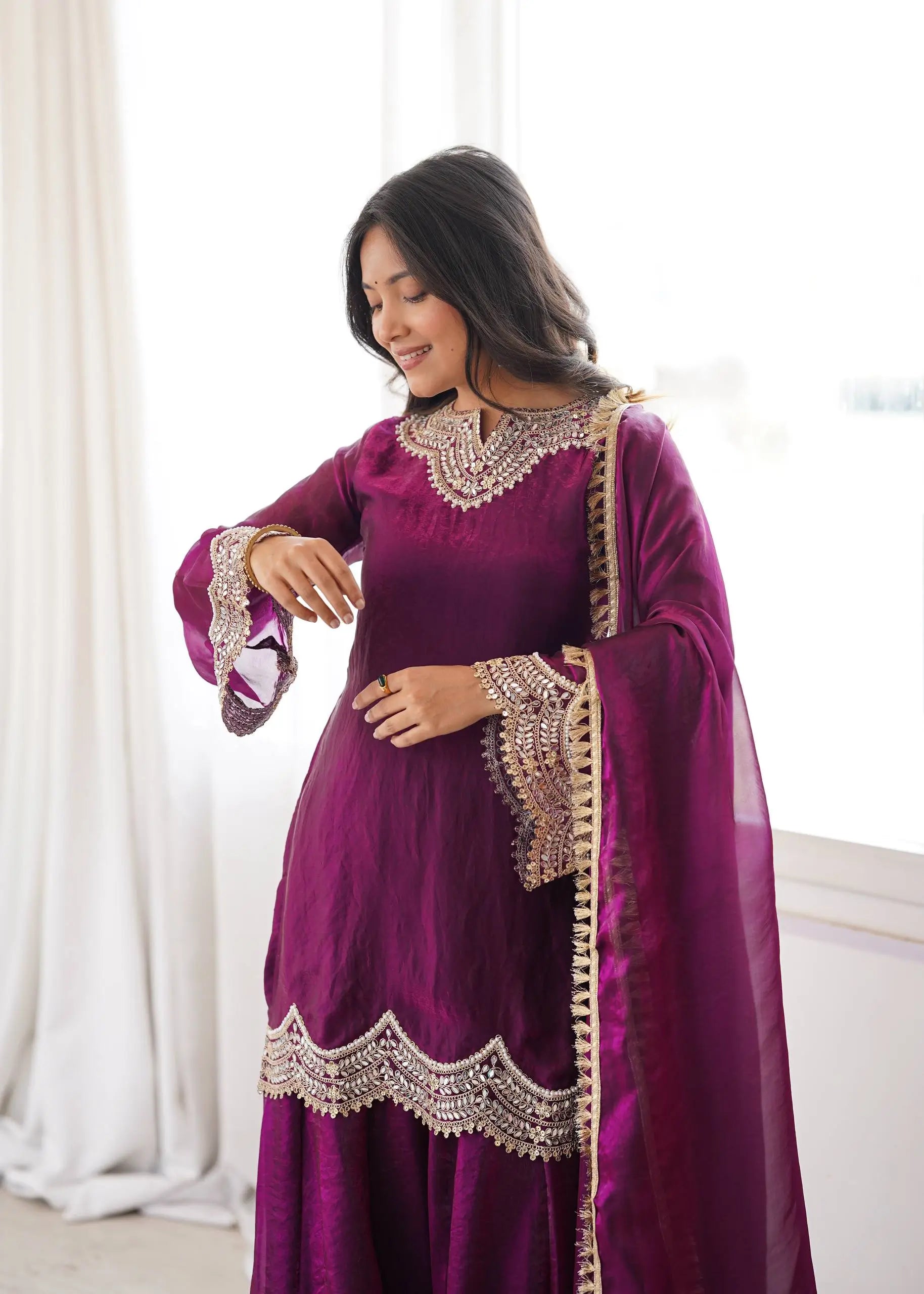Wine Shimmer Silk Sharara Set with Mirror Work
