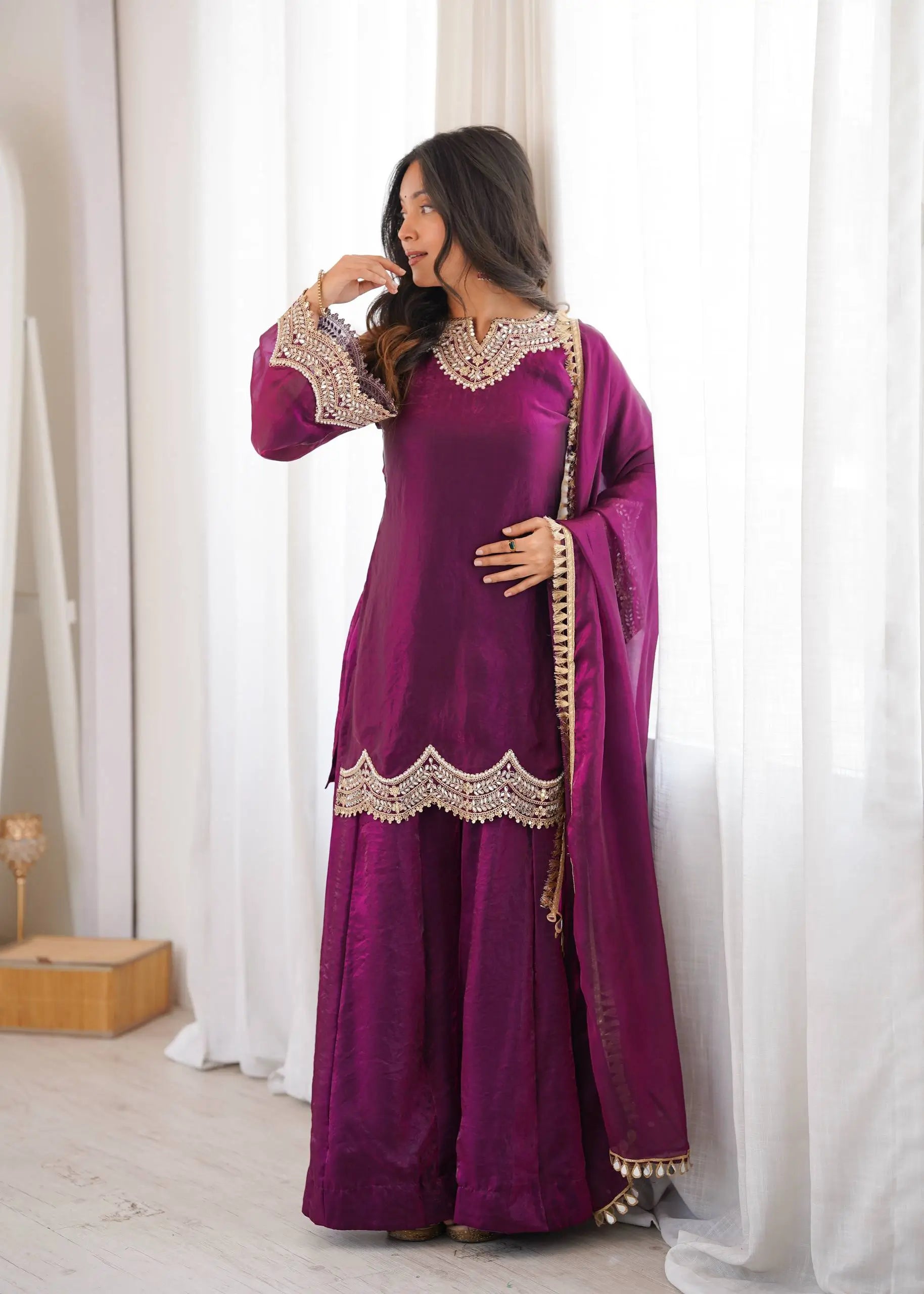 Wine Shimmer Silk Sharara Set with Mirror Work