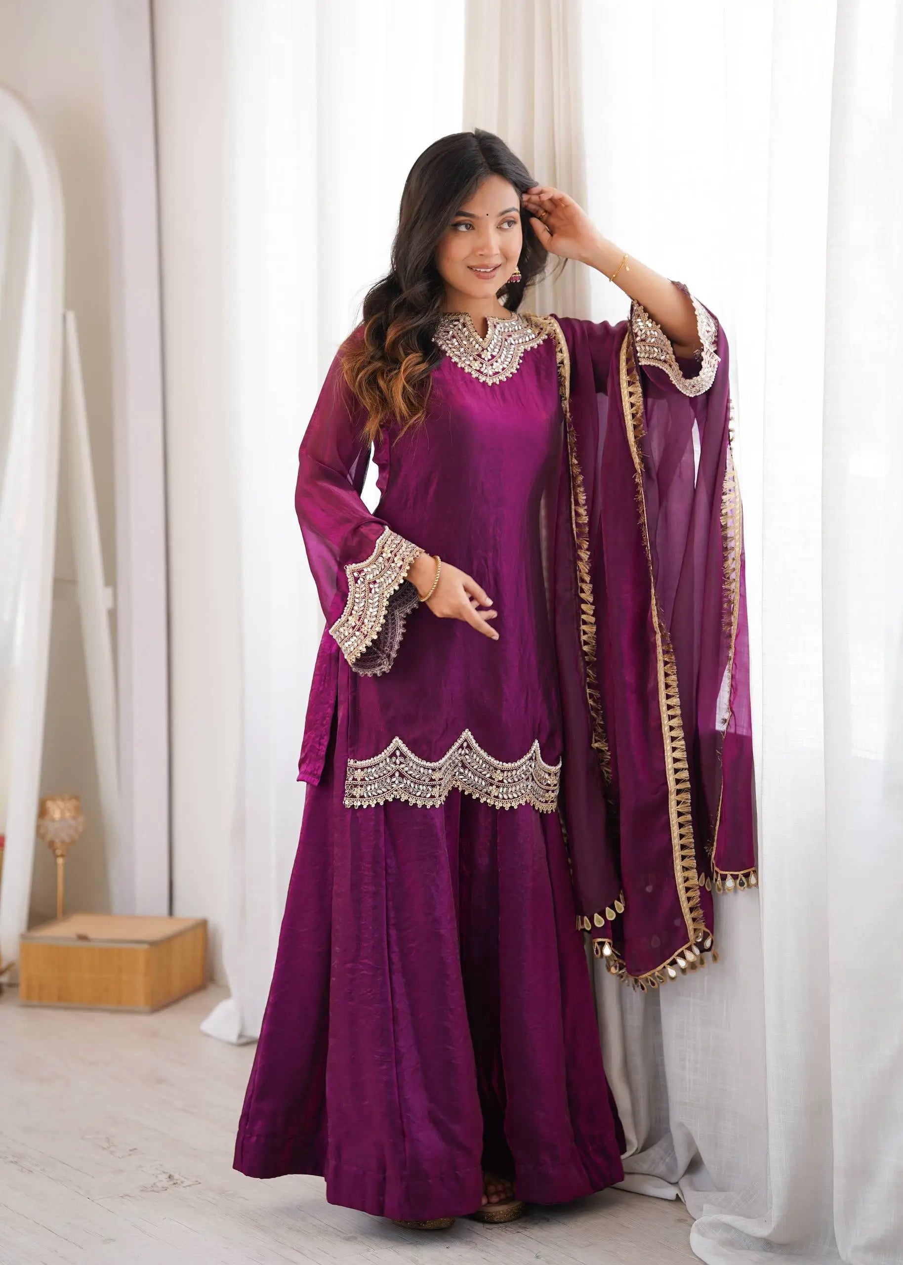 Wine Shimmer Silk Sharara Set with Mirror Work