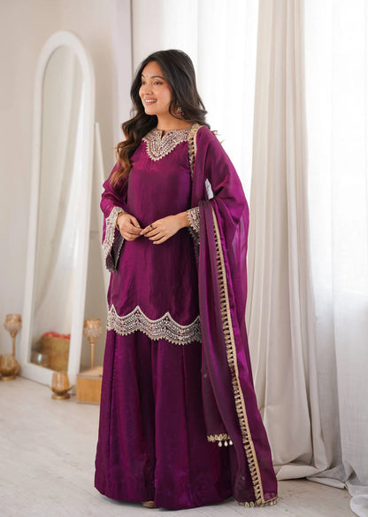 Wine Shimmer Silk Sharara Set with Mirror Work