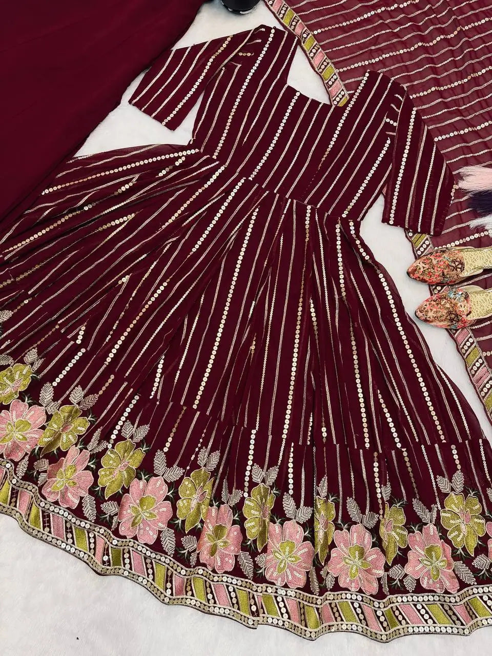 Wine Striped Sequin Anarkali