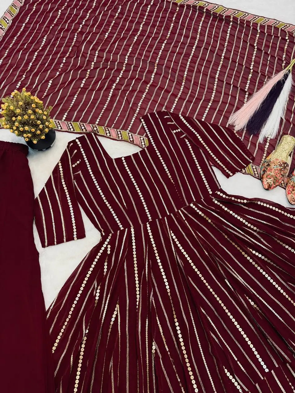 Wine Striped Sequin Anarkali