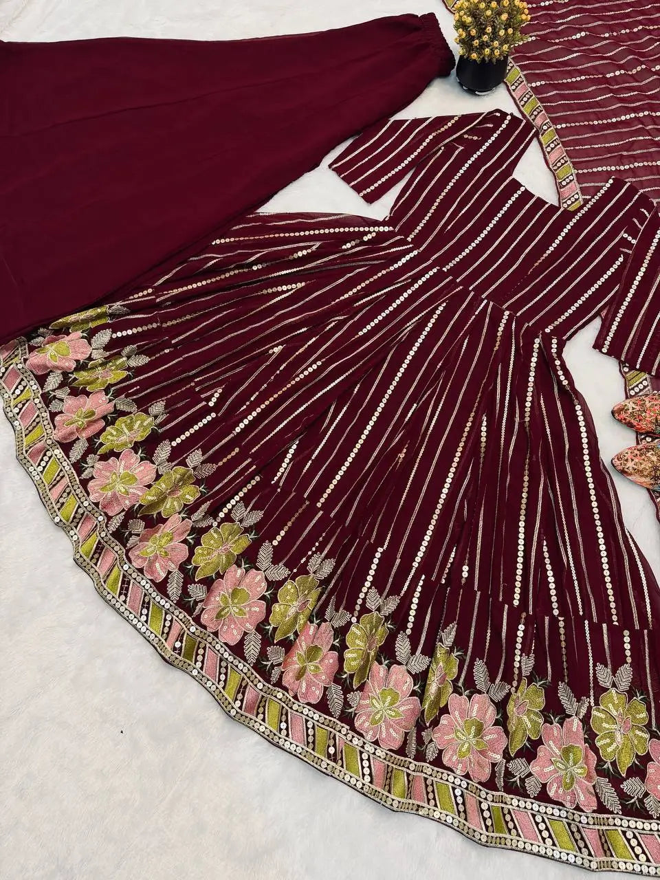 Wine Striped Sequin Anarkali