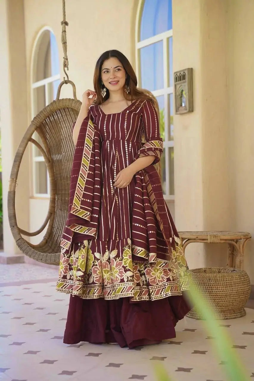 Wine Striped Sequin Anarkali