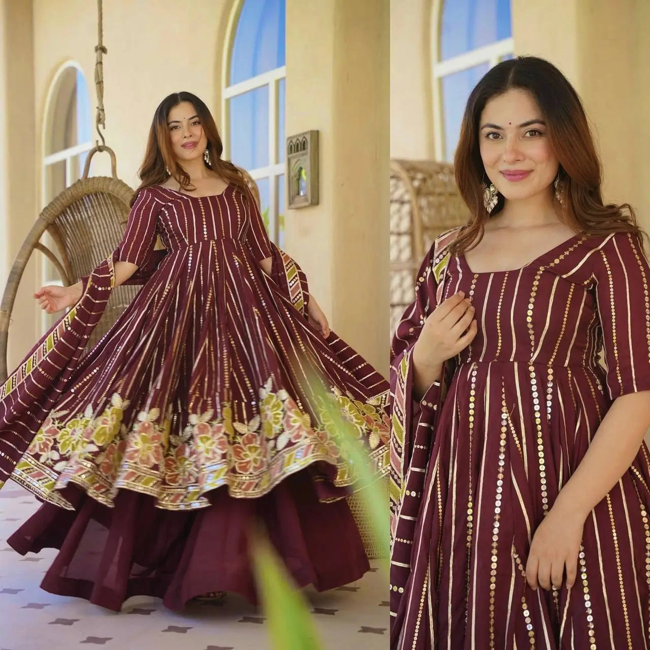 Wine Striped Sequin Anarkali