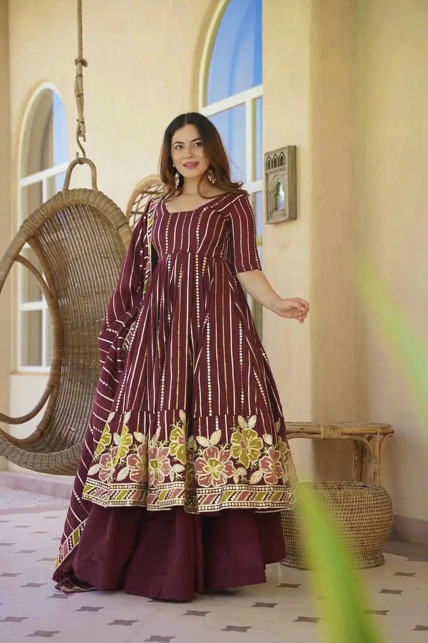 Wine Striped Sequin Anarkali