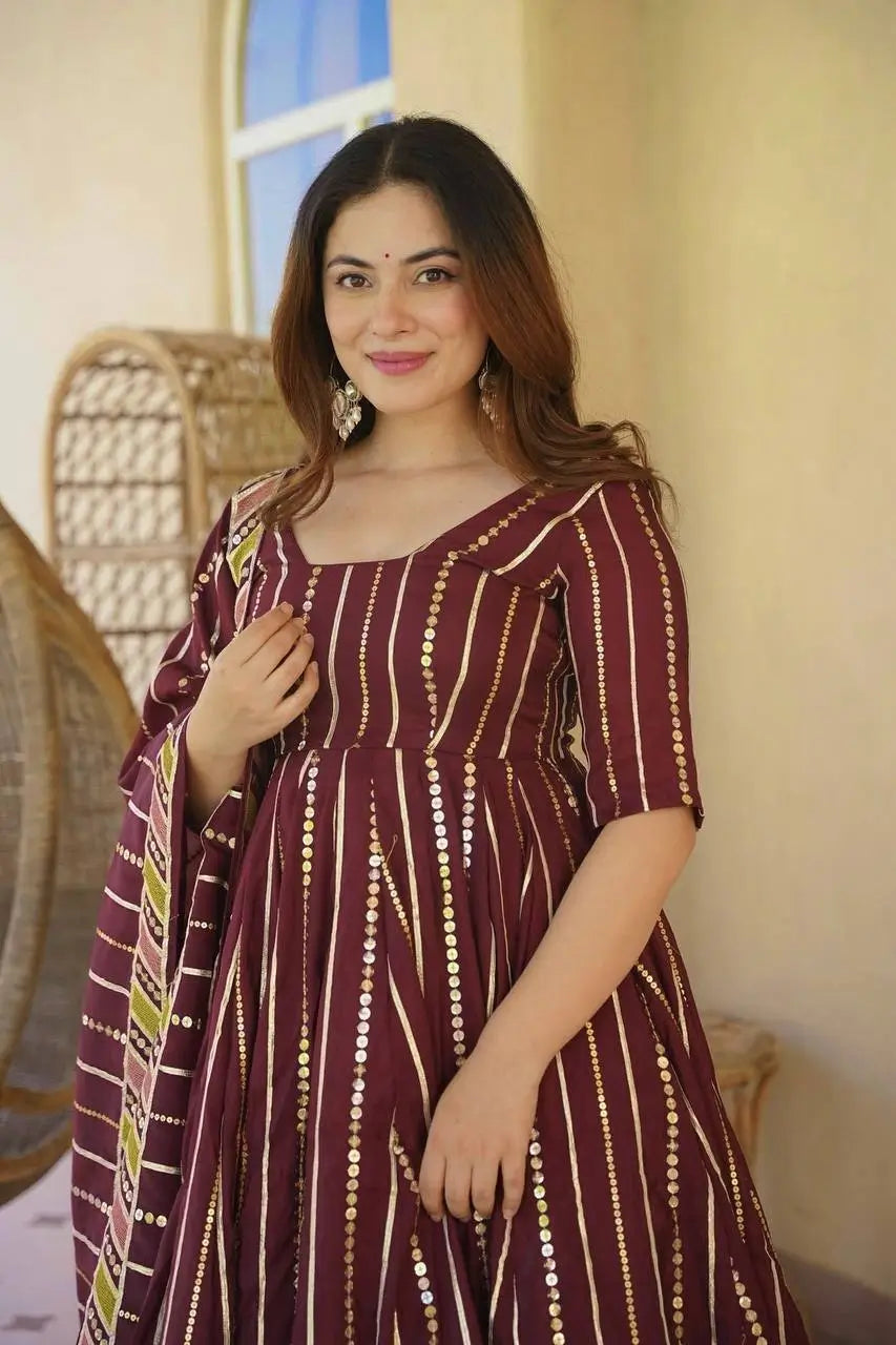 Wine Striped Sequin Anarkali
