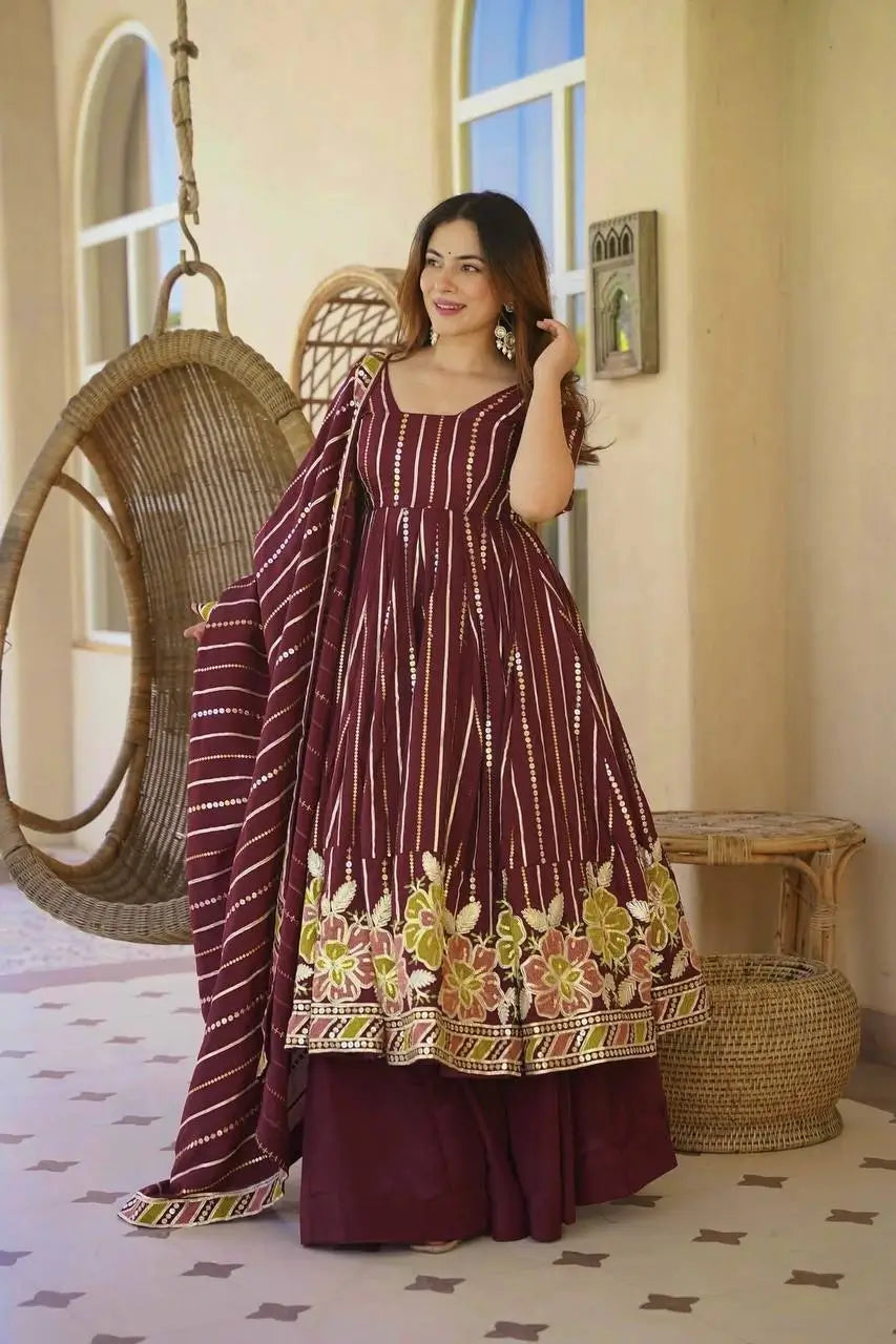 Wine Striped Sequin Anarkali