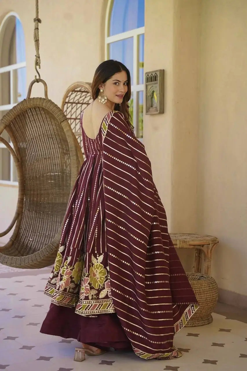 Wine Striped Sequin Anarkali