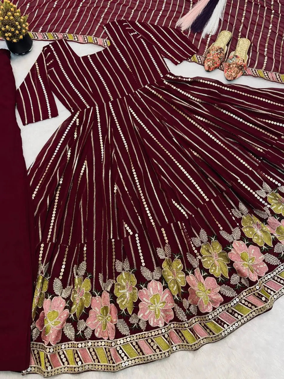 Wine Striped Sequin Anarkali