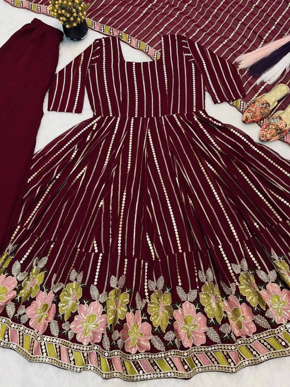 Wine Striped Sequin Anarkali