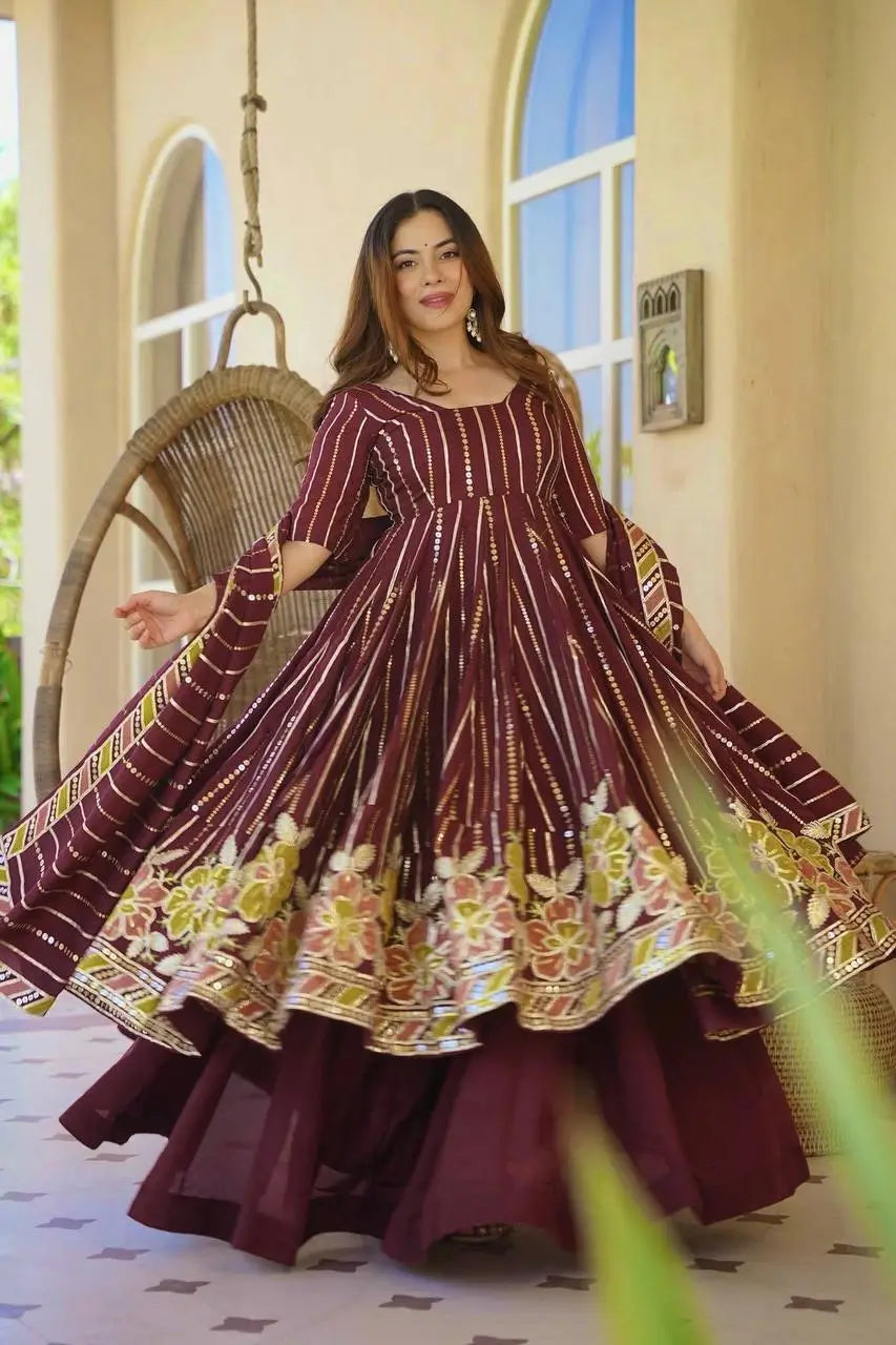 Wine Striped Sequin Anarkali
