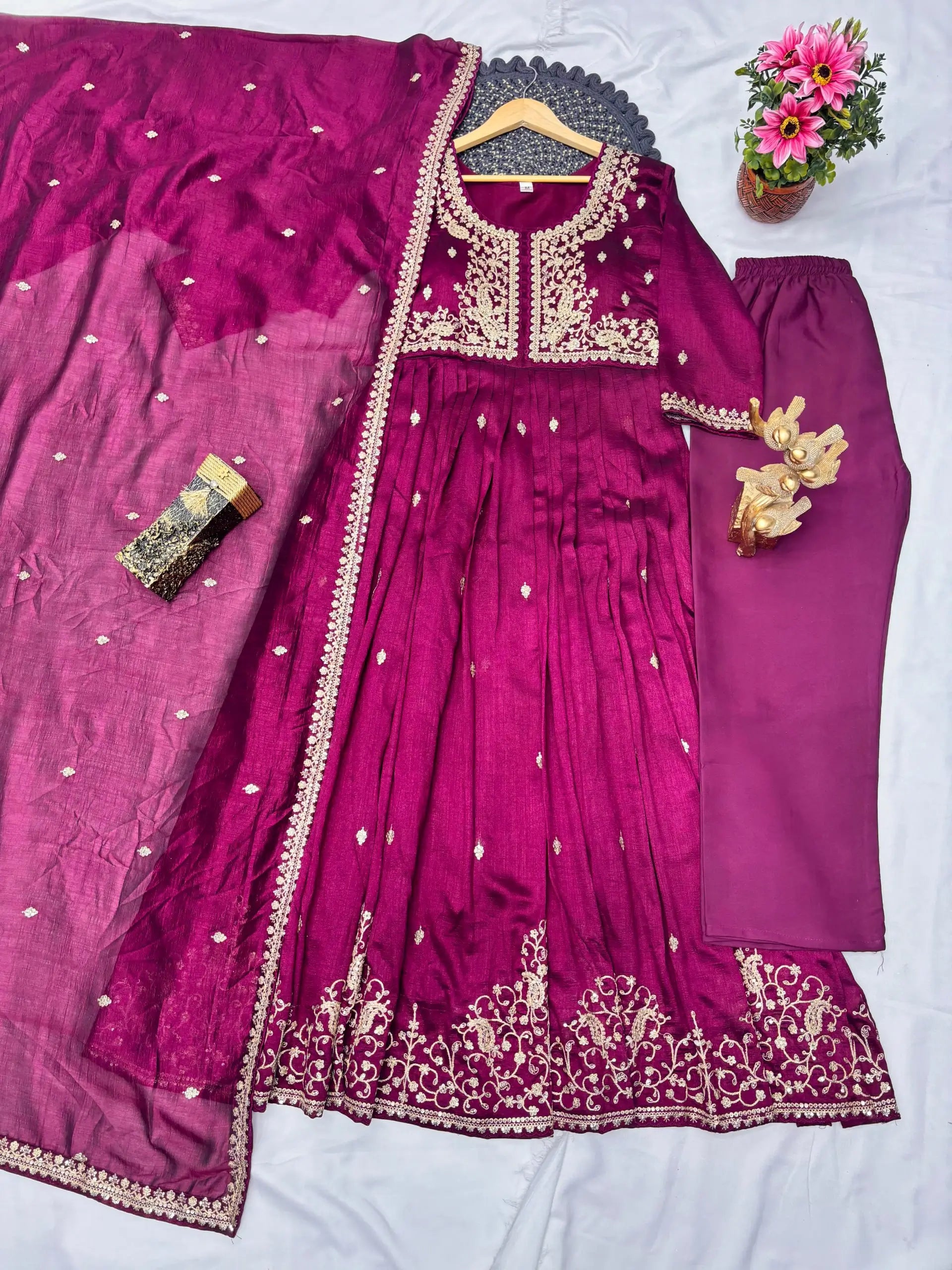 Wine Zari Embroidered Gown