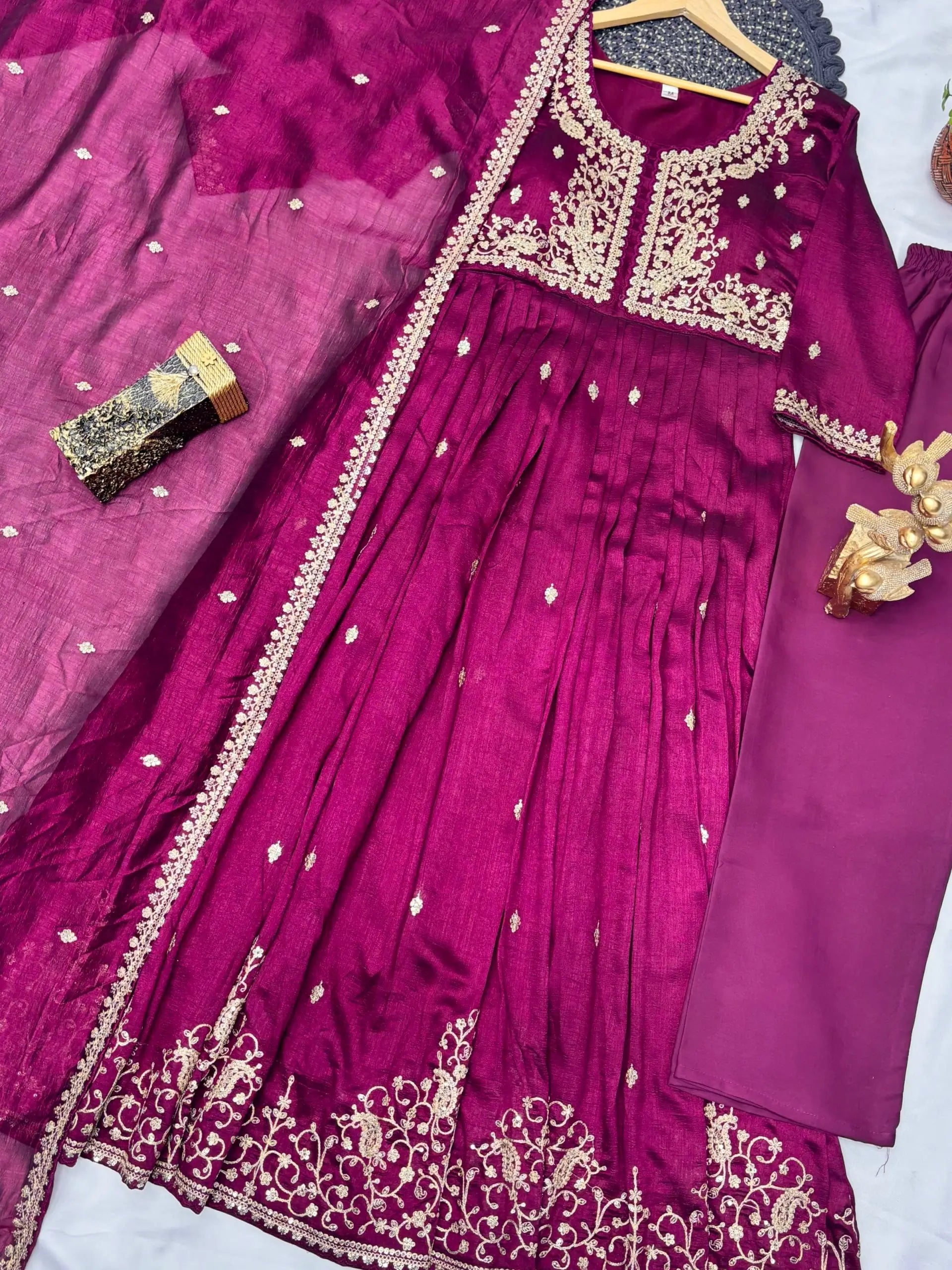 Wine Zari Embroidered Gown