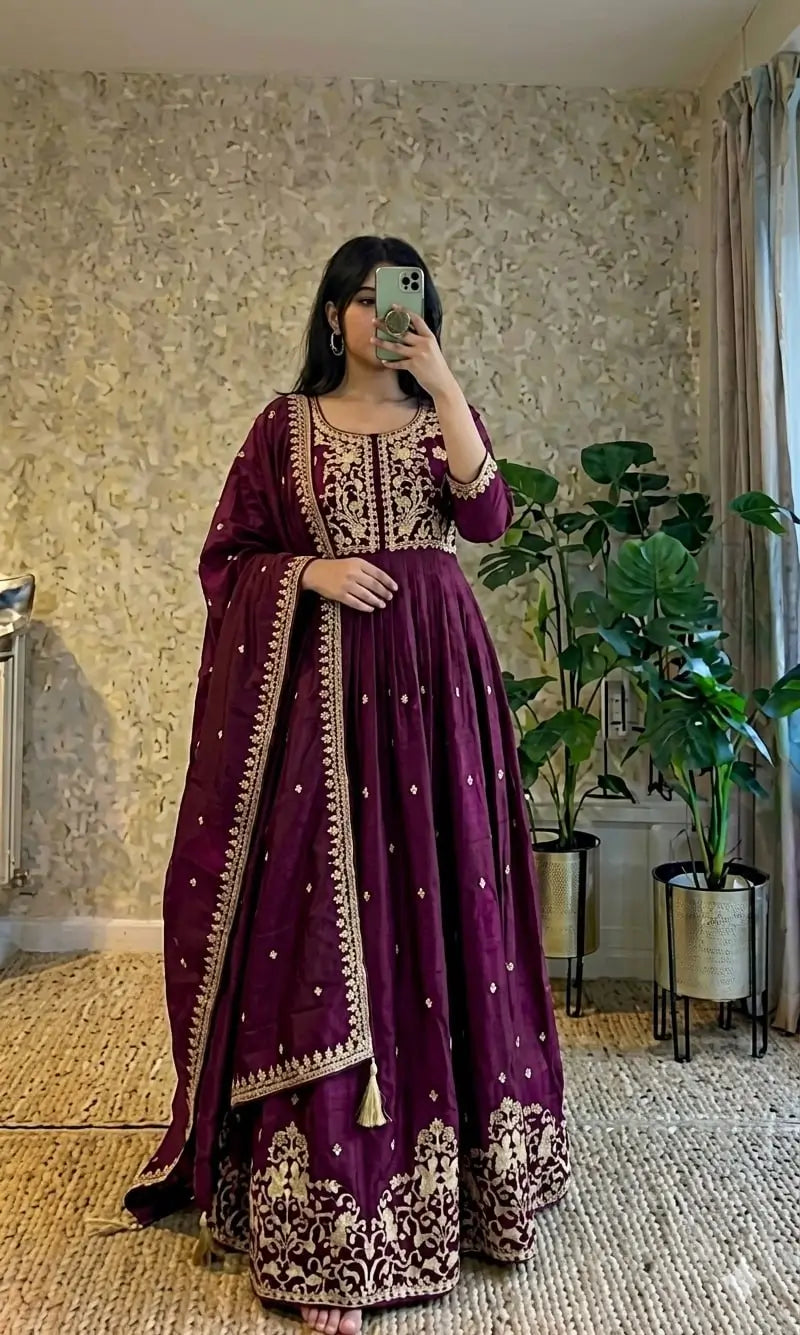 Wine Zari Embroidered Gown