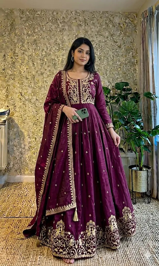 Wine Zari Embroidered Gown