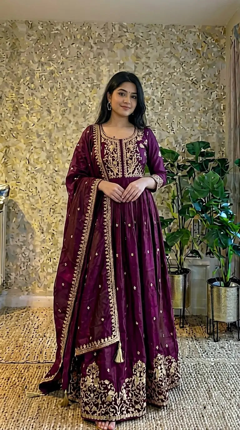 Wine Zari Embroidered Gown
