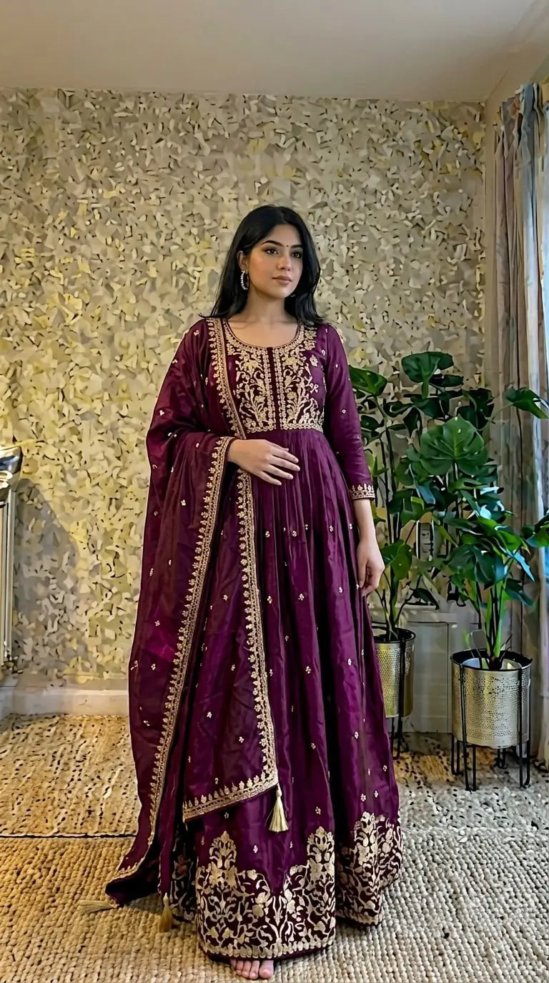 Wine Zari Embroidered Gown