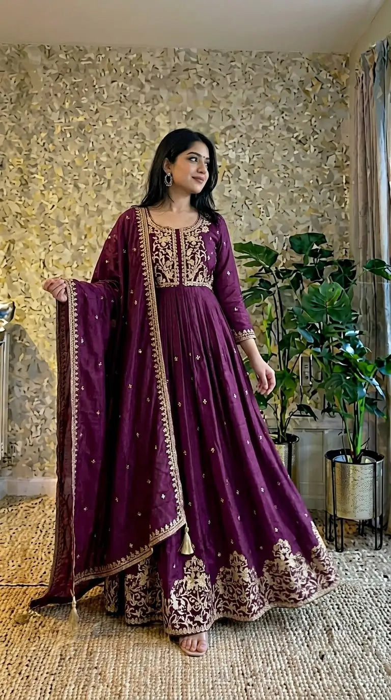 Wine Zari Embroidered Gown