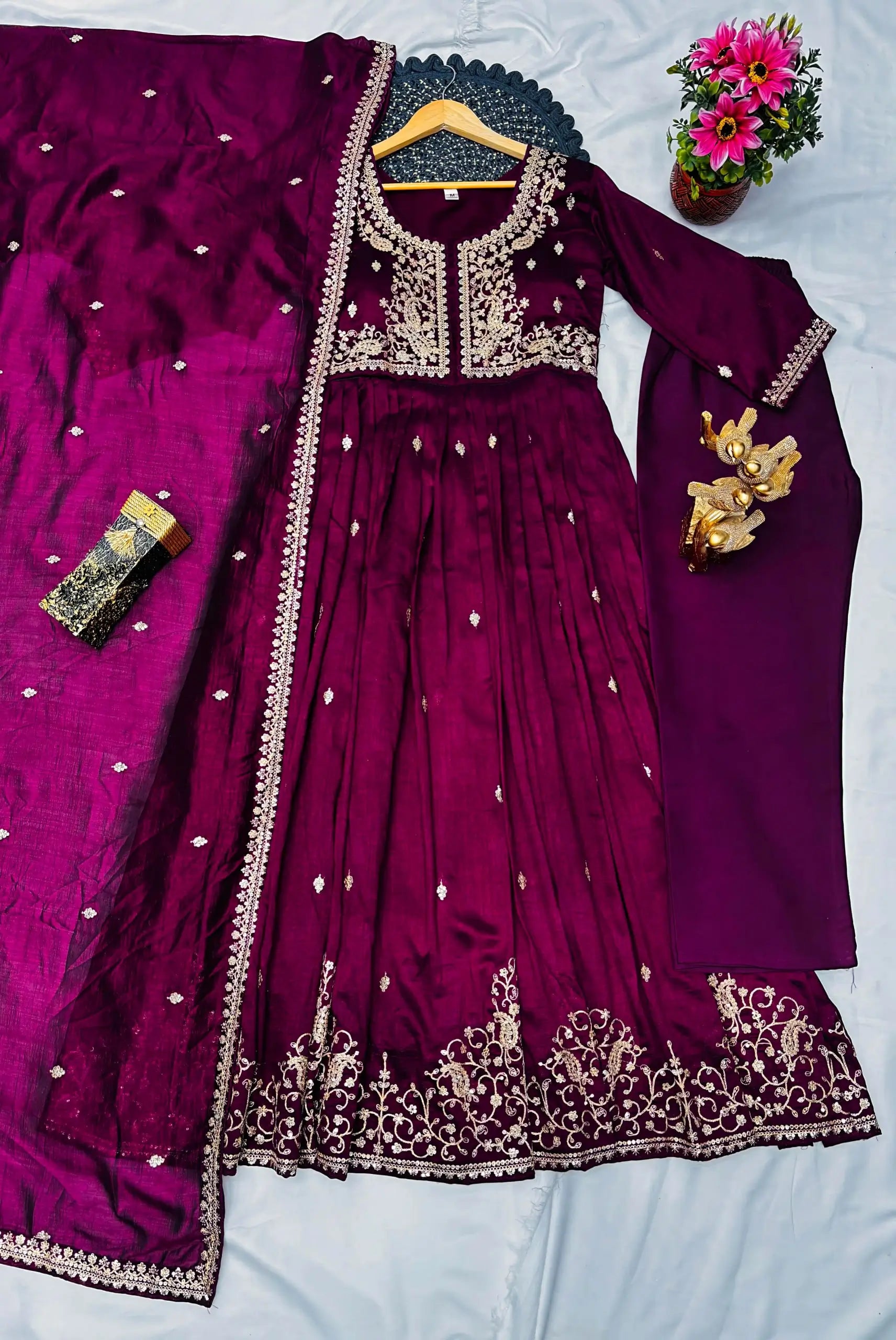 Wine Zari Embroidered Gown