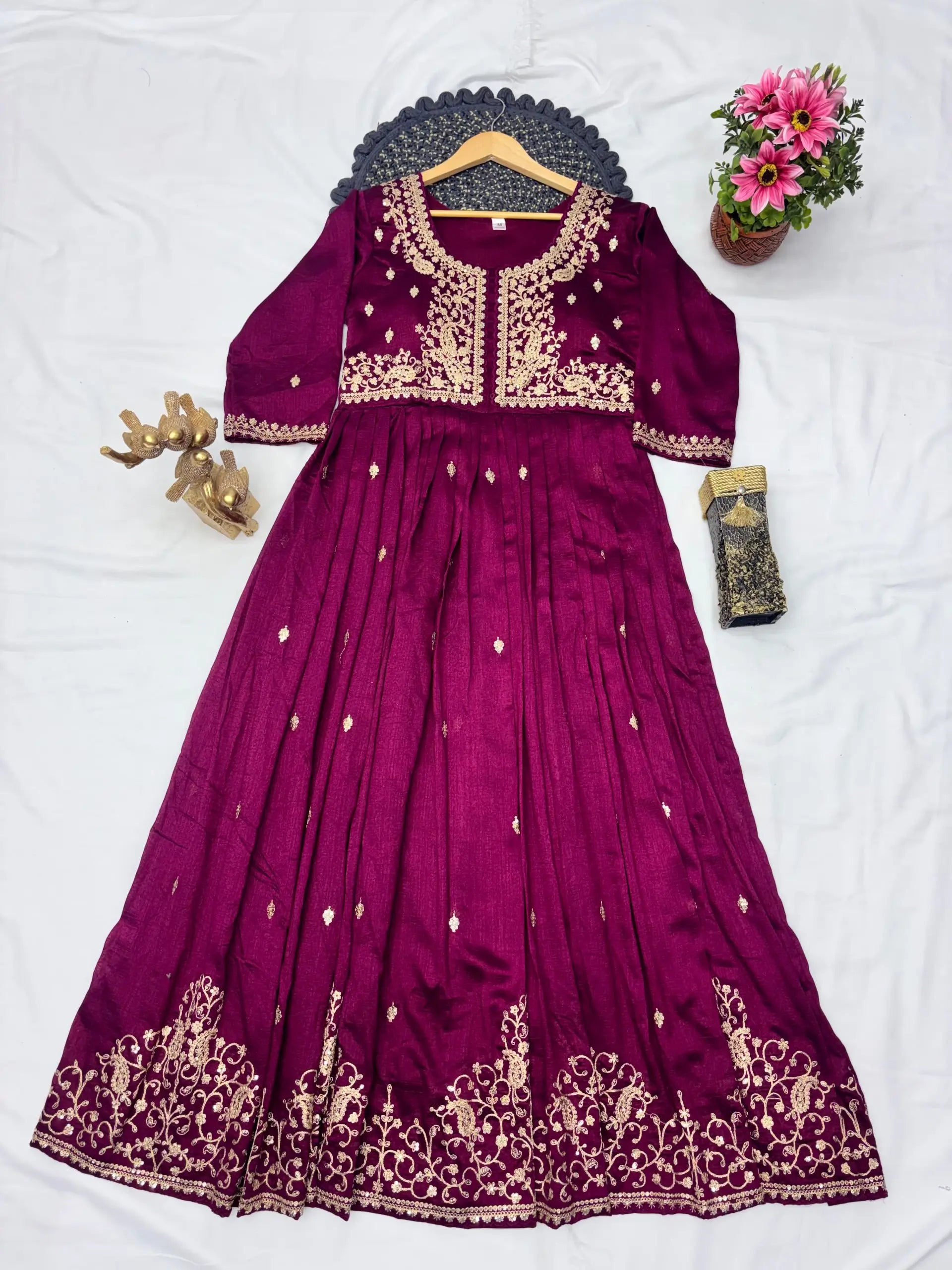 Wine Zari Embroidered Gown